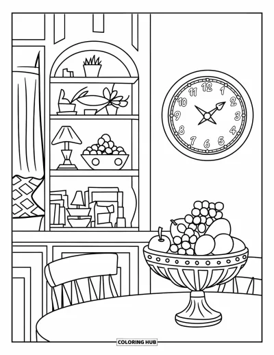 Coloriage de chambre pour enfants : Coin repas bien rangé avec étagère, coupe de fruits, lampe et horloge murale