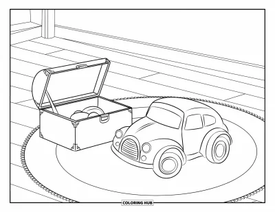 Coloriage de chambre pour enfants : Voiture jouet près d'un coffre à jouets dans une chambre tranquille avec parquet