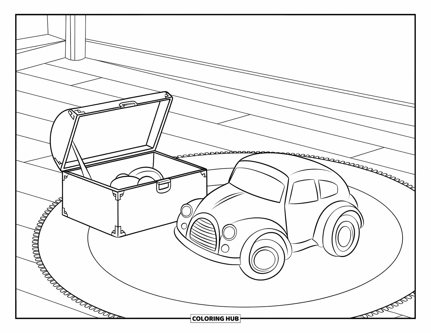 Room Coloring Page for Kids: Toy car beside toy chest in a quiet room with a wooden floor