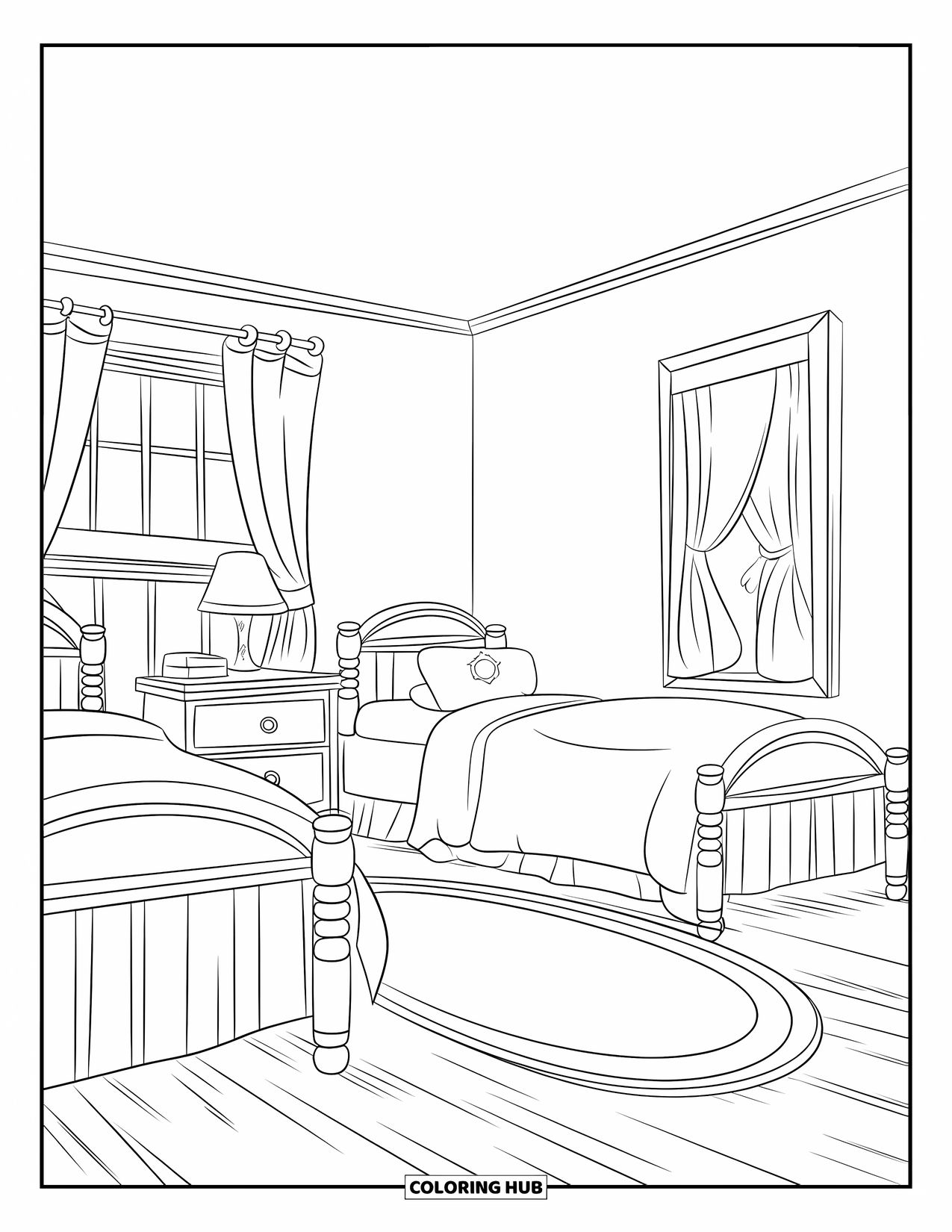 Room Coloring Page for Kids: Two-bed kids' room with dresser and curtains on the window