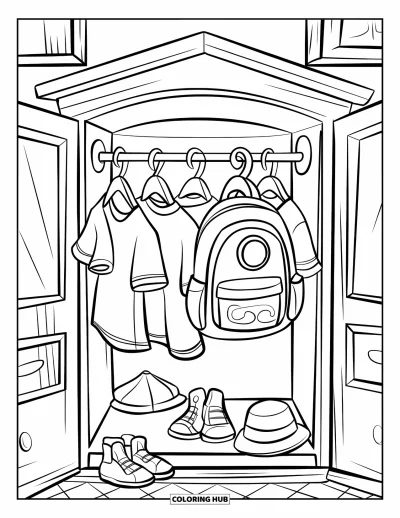 Coloriage de chambre pour enfants : Armoire en bois avec chemises, chaussures, sac à dos et petite fenêtre
