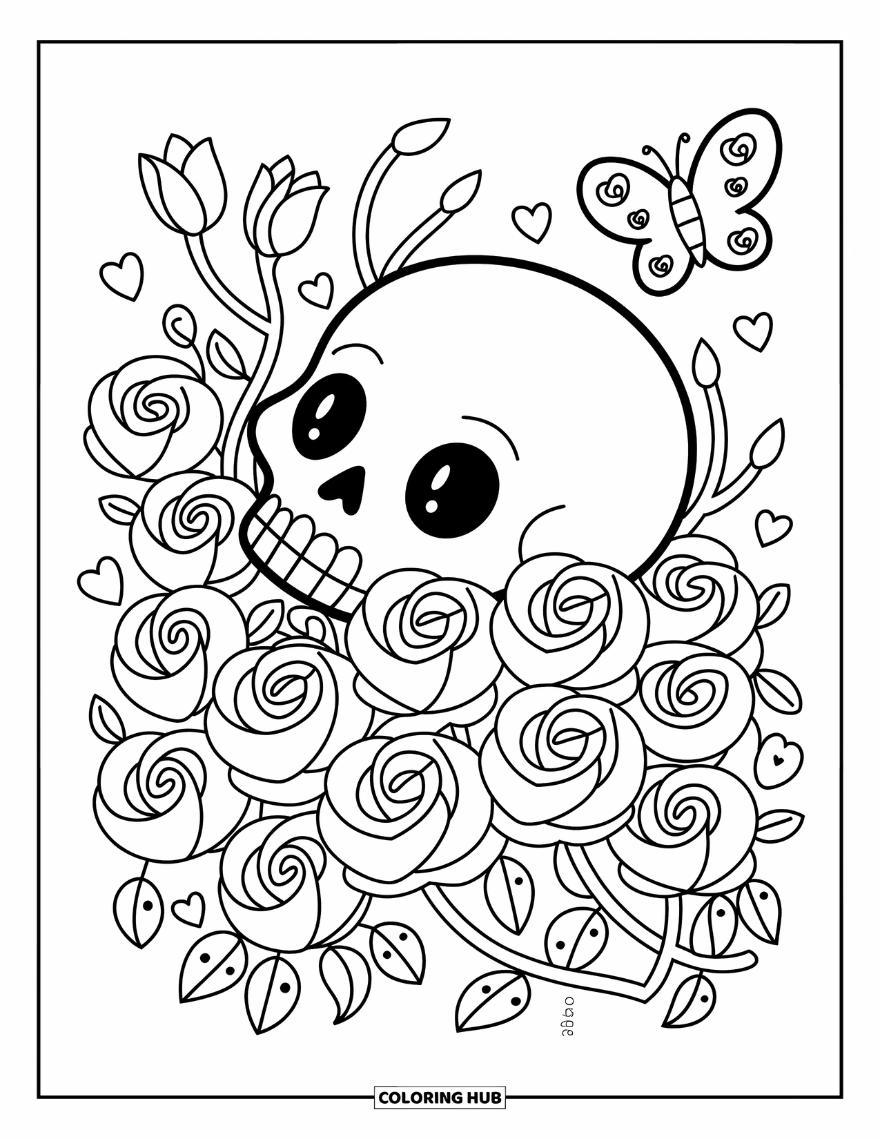Rose Skull Coloring Page for Adults: A cozy skull hidden in a rose patch with scattered hearts and a butterfly