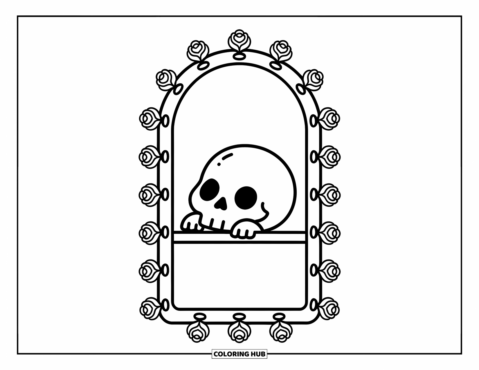 Rose Skull Coloring Page for Adults: A cute skull sits inside a rose-covered arched window