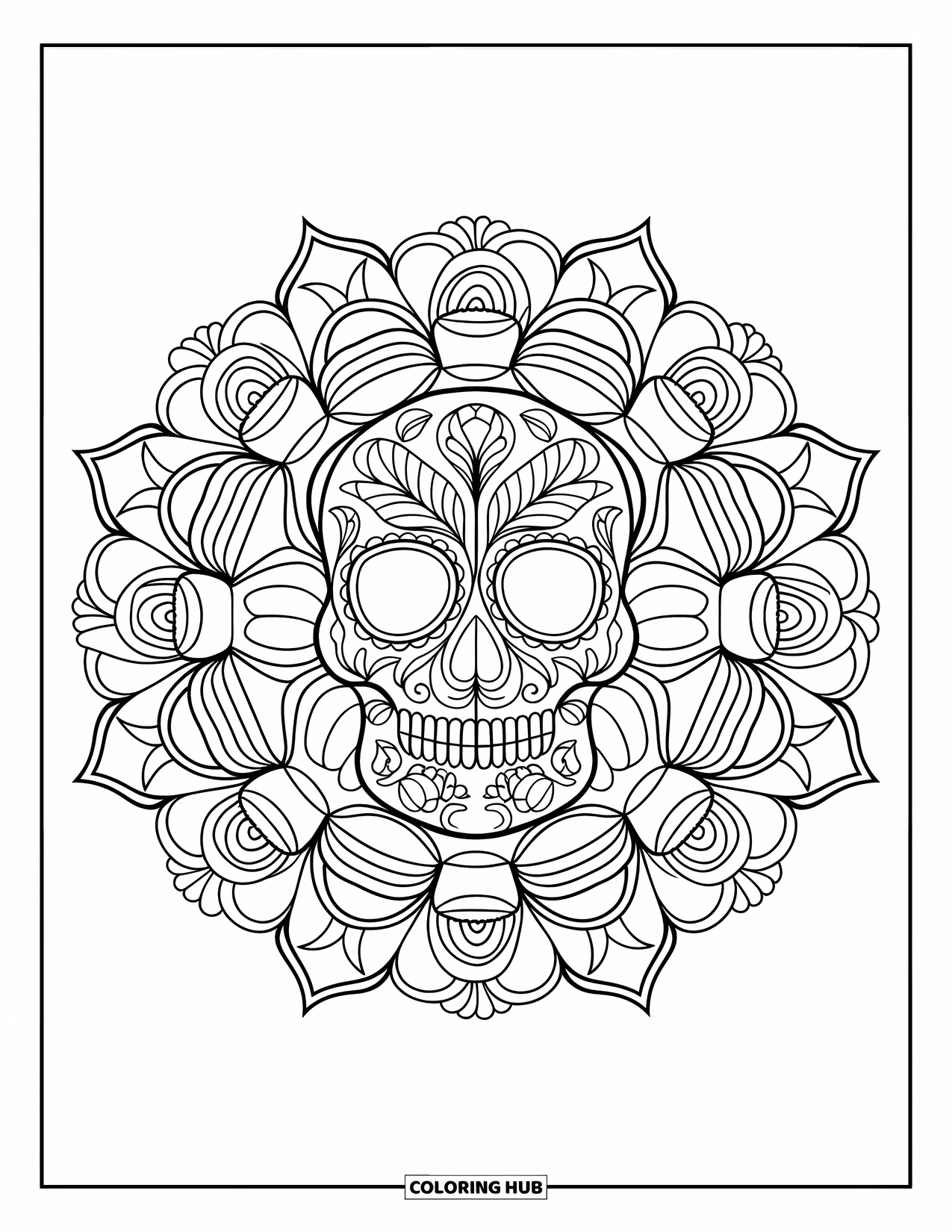 Rose Skull Coloring Page for Adults: A detailed mandala of roses encircles a skull with bold outlines