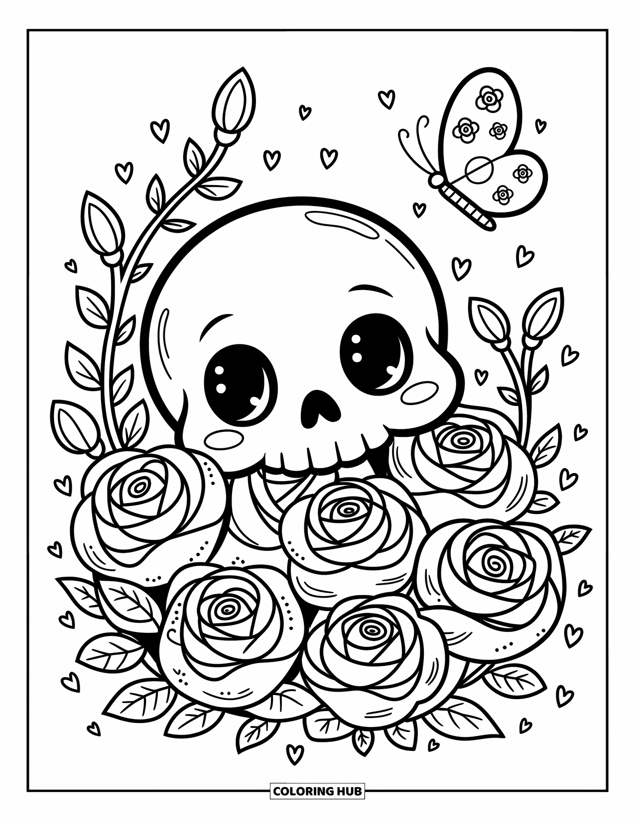 Rose Skull Coloring Page for Adults: A playful skull surrounded by roses, leaves, and a fluttering butterfly