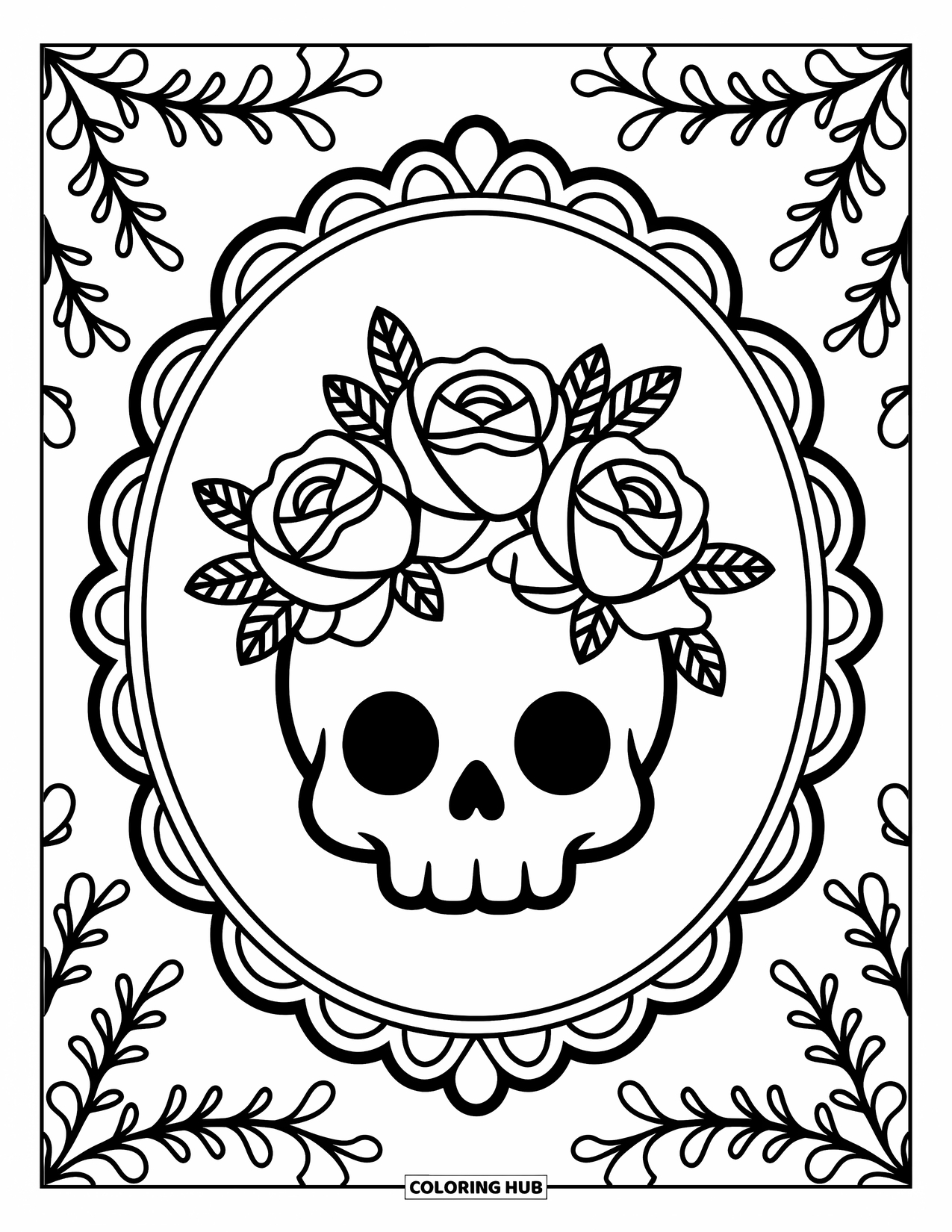 Rose Skull Coloring Page for Adults: A round skull with blooming roses sits in a detailed circular border