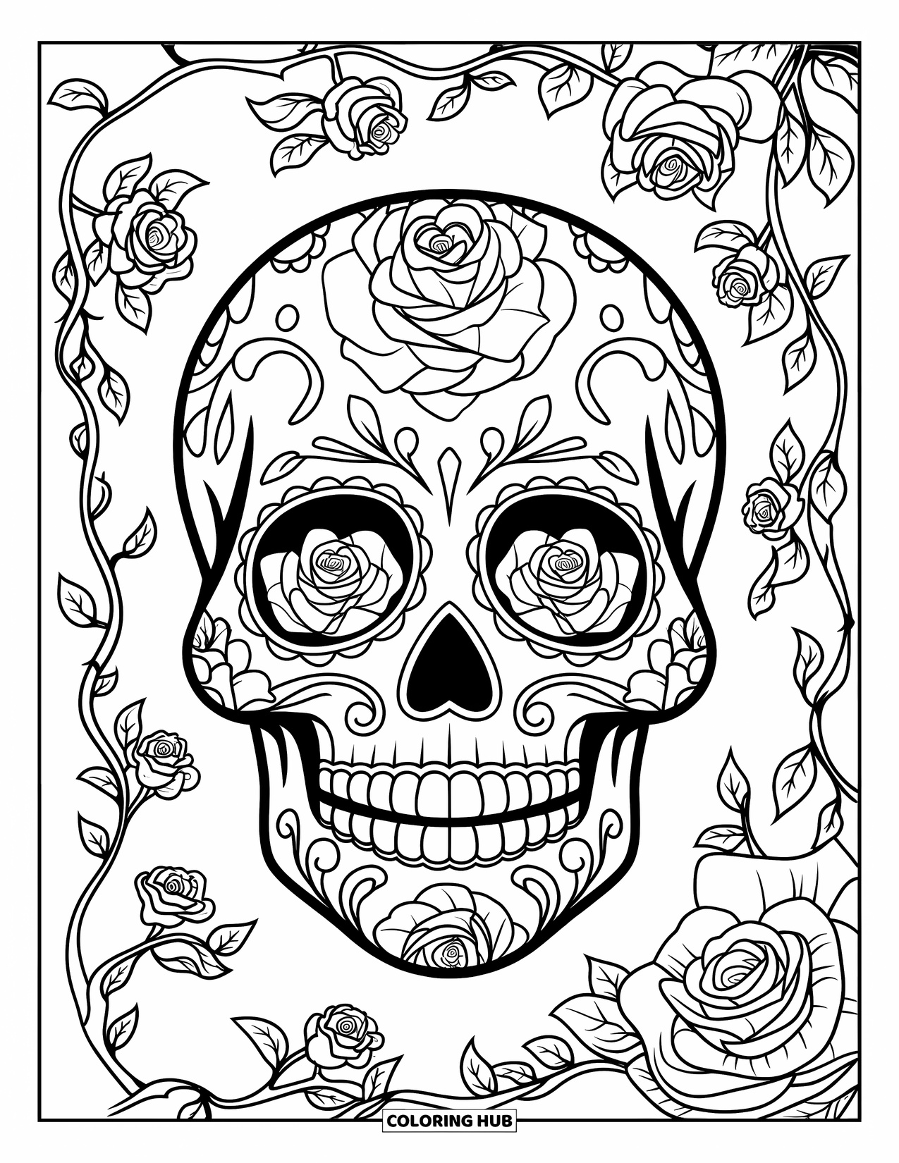 Rose Skull Coloring Page for Adults: A serene sugar skull with vines and roses in the background