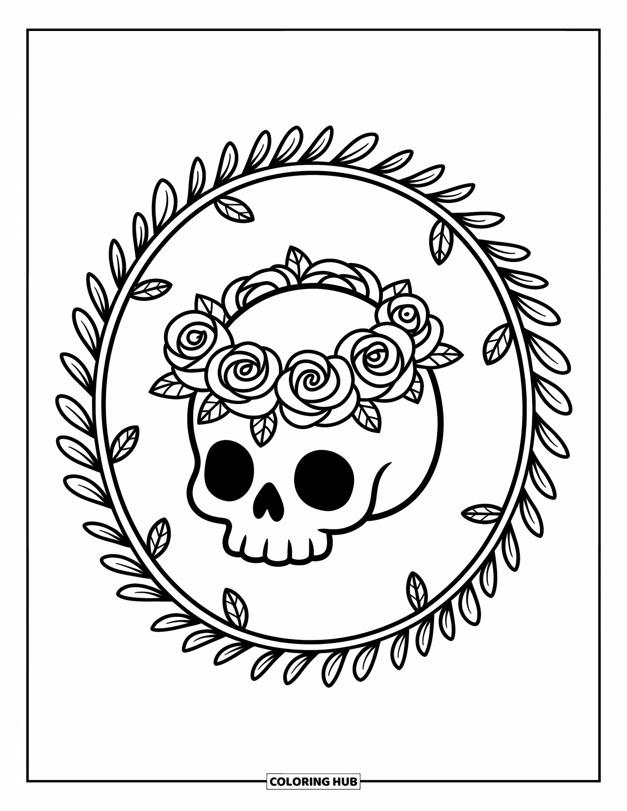 Rose Skull Coloring Page for Adults: A skull with a rose crown rests in a decorative round frame with cozy details