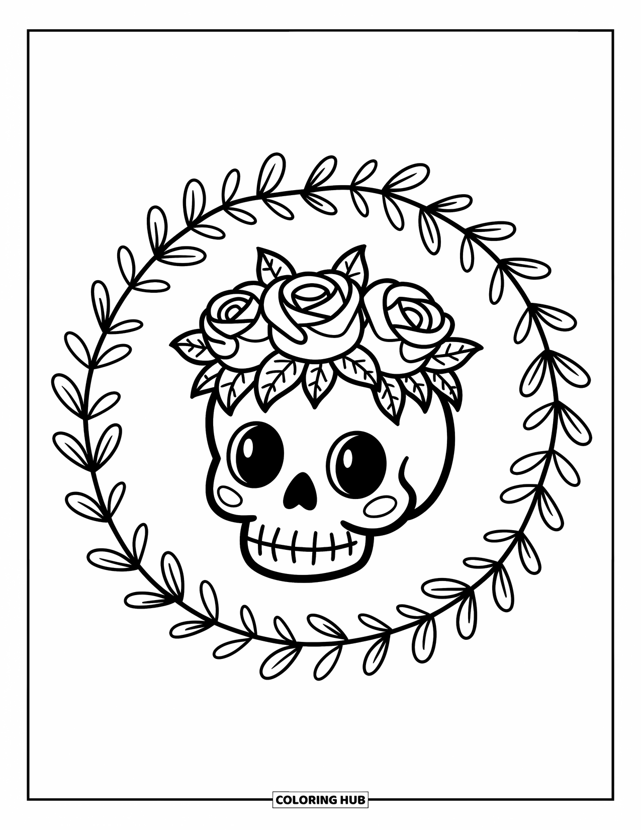 Rose Skull Coloring Page for Adults: A skull with a rose crown sits inside a circular floral frame