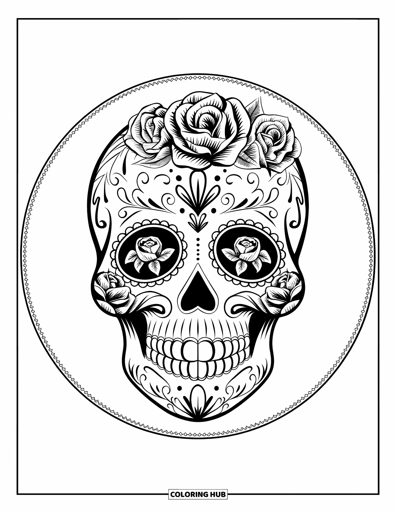 Rose Skull Coloring Page for Adults: A smiling sugar skull with rose engravings and a decorative border
