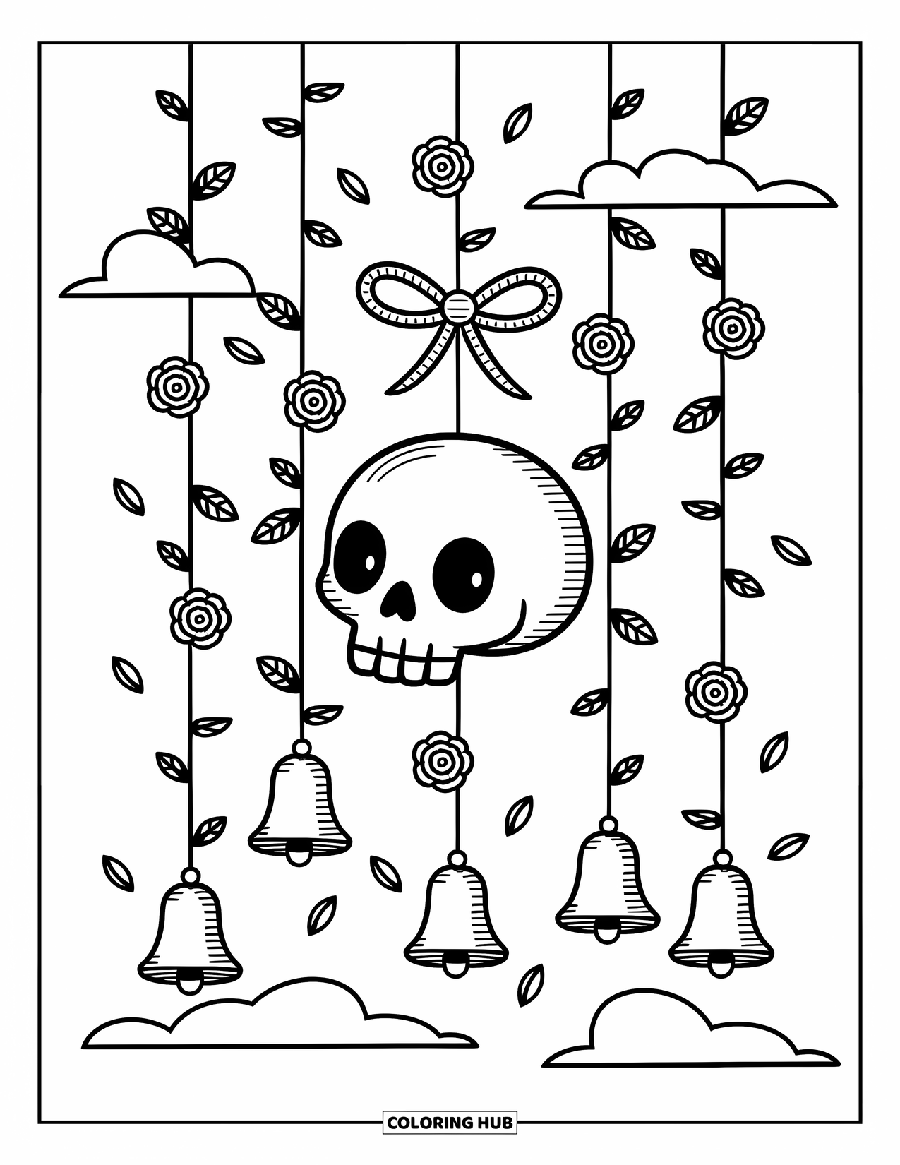 Rose Skull Coloring Page for Adults: A swaying skull wind chime with dangling roses and cloud accents