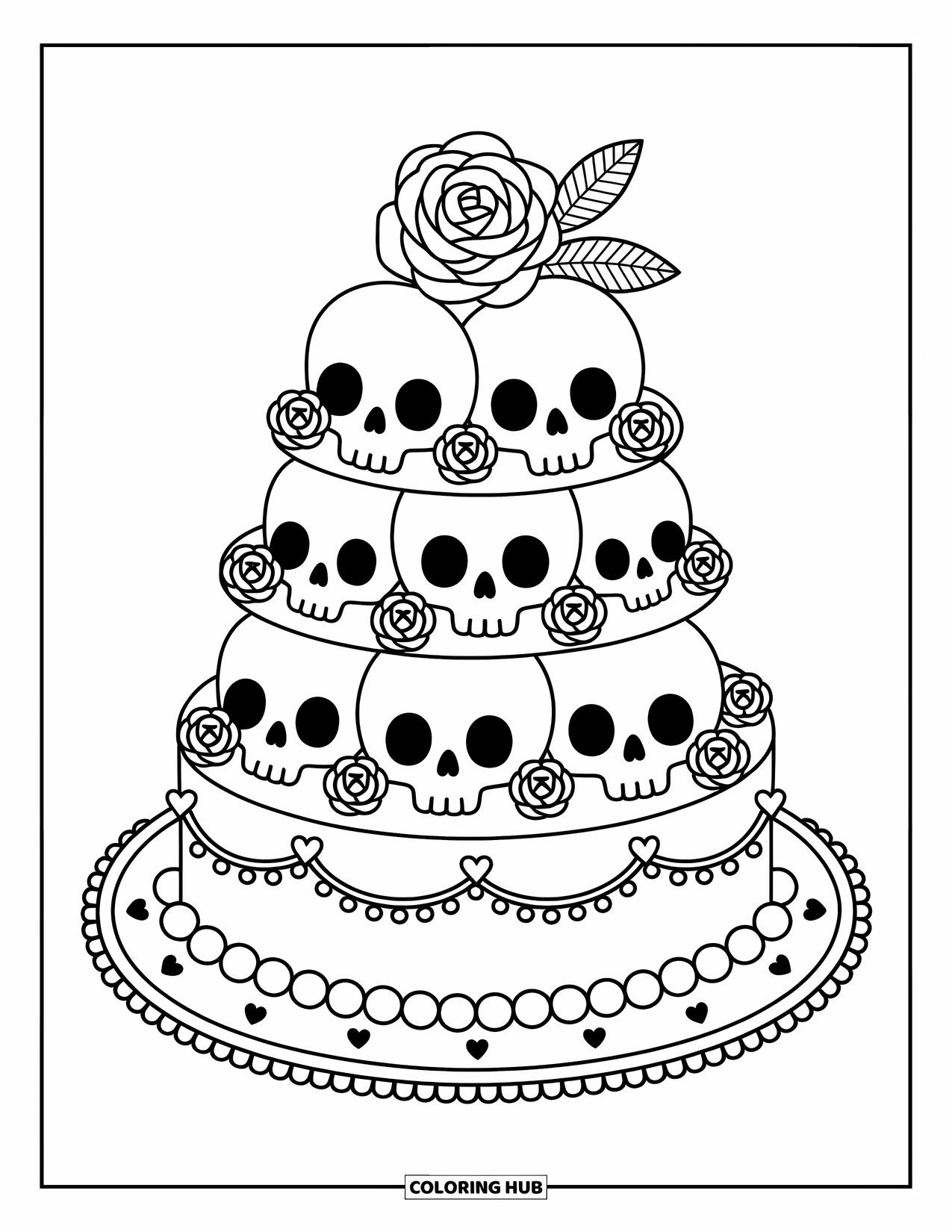 Rose Skull Coloring Page for Adults: A tiered skull cake with roses, stars, and vines on a fancy plate