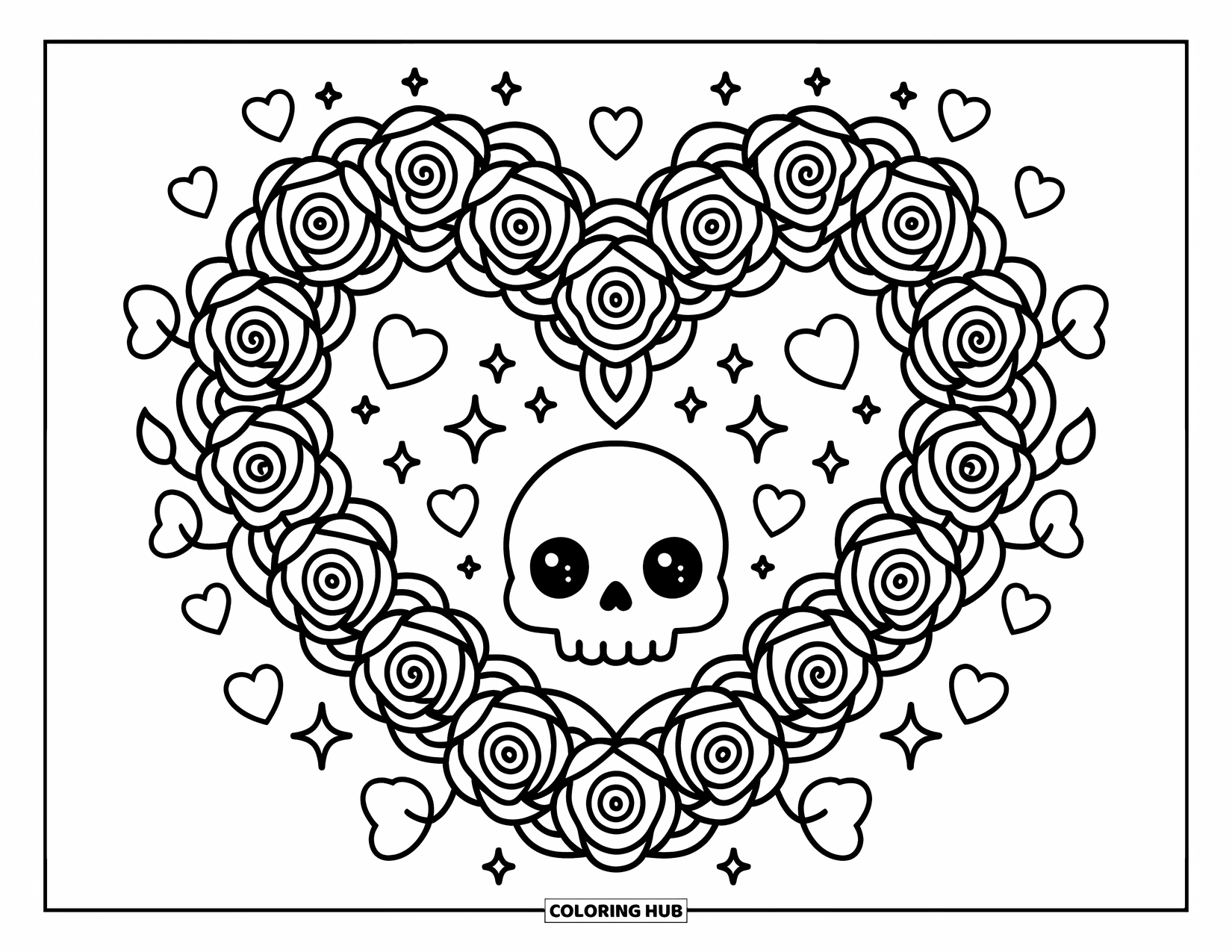 Rose Skull Coloring Page for Adults: A tiny skull hides inside a rose heart surrounded by leaves and petals