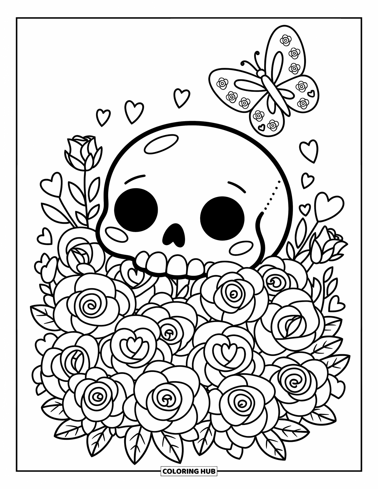Rose Skull Coloring Page for Adults: A tiny skull peeks out from blooming roses and hearts