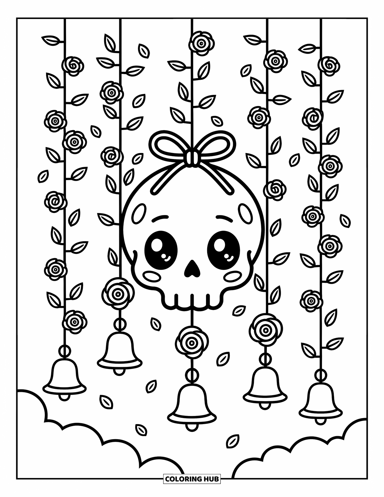 Rose Skull Coloring Page for Adults: A wind chime with a bow-tied skull and rose charms fluttering below