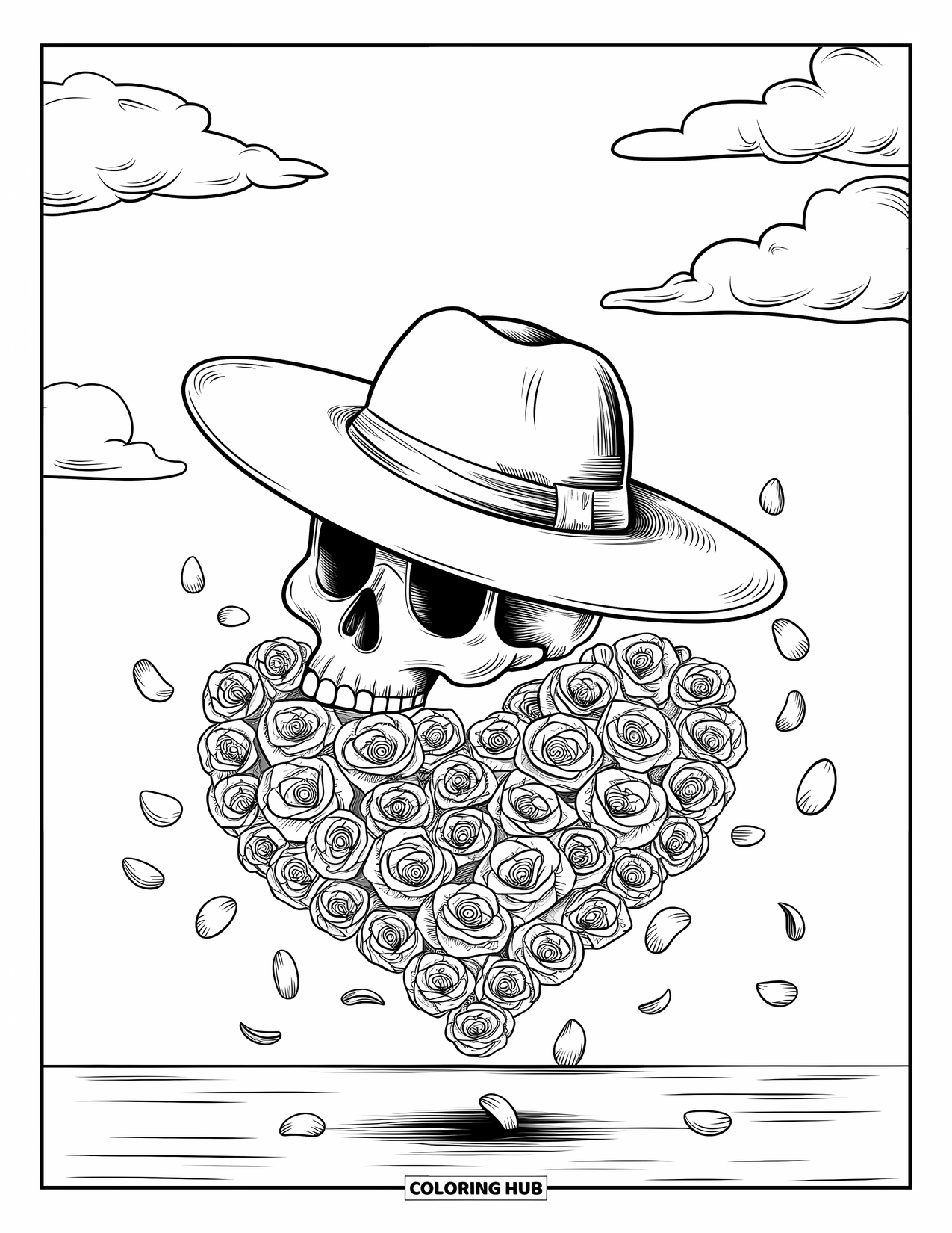 Rose Skull Coloring Page for Kids: A floating skull with a big hat surrounded by rose petals