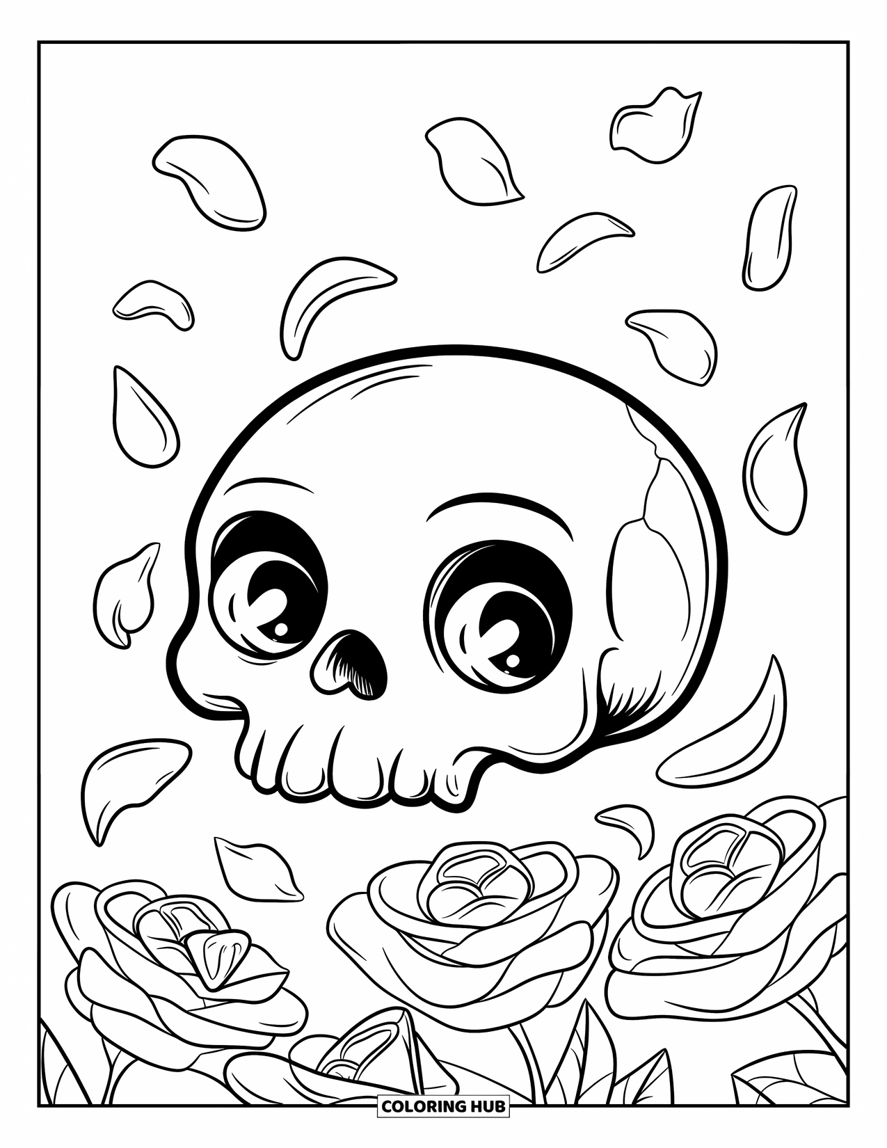 Rose Skull Coloring Page for Kids: A floating skull with a heart-shaped nose and rose petals