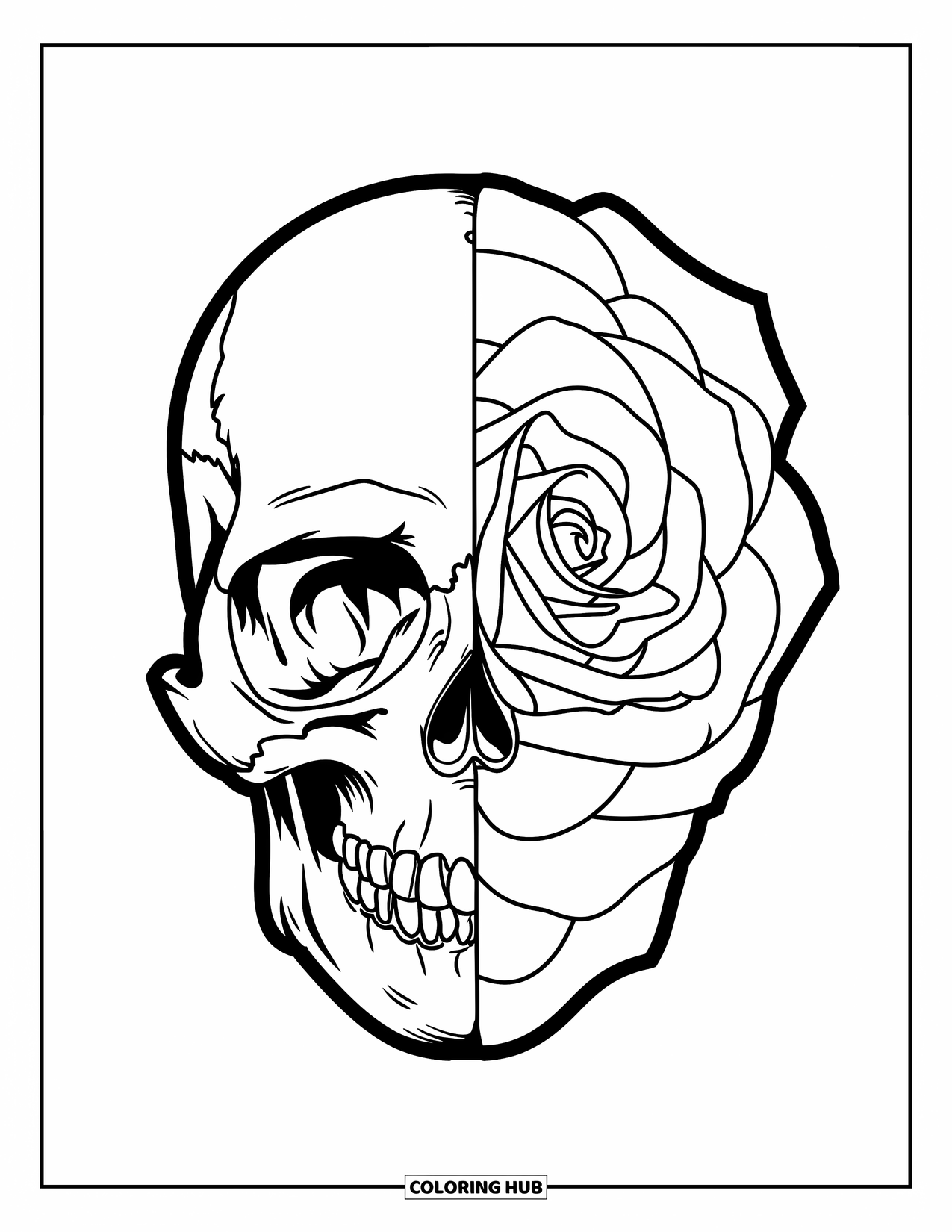 Rose Skull Coloring Page for Kids: A fun rose-skull mix perfect for grade schoolers to color