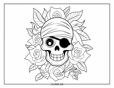 Målarbild med roskranier för barn: Ett grinande piratkranium med blommande rosor