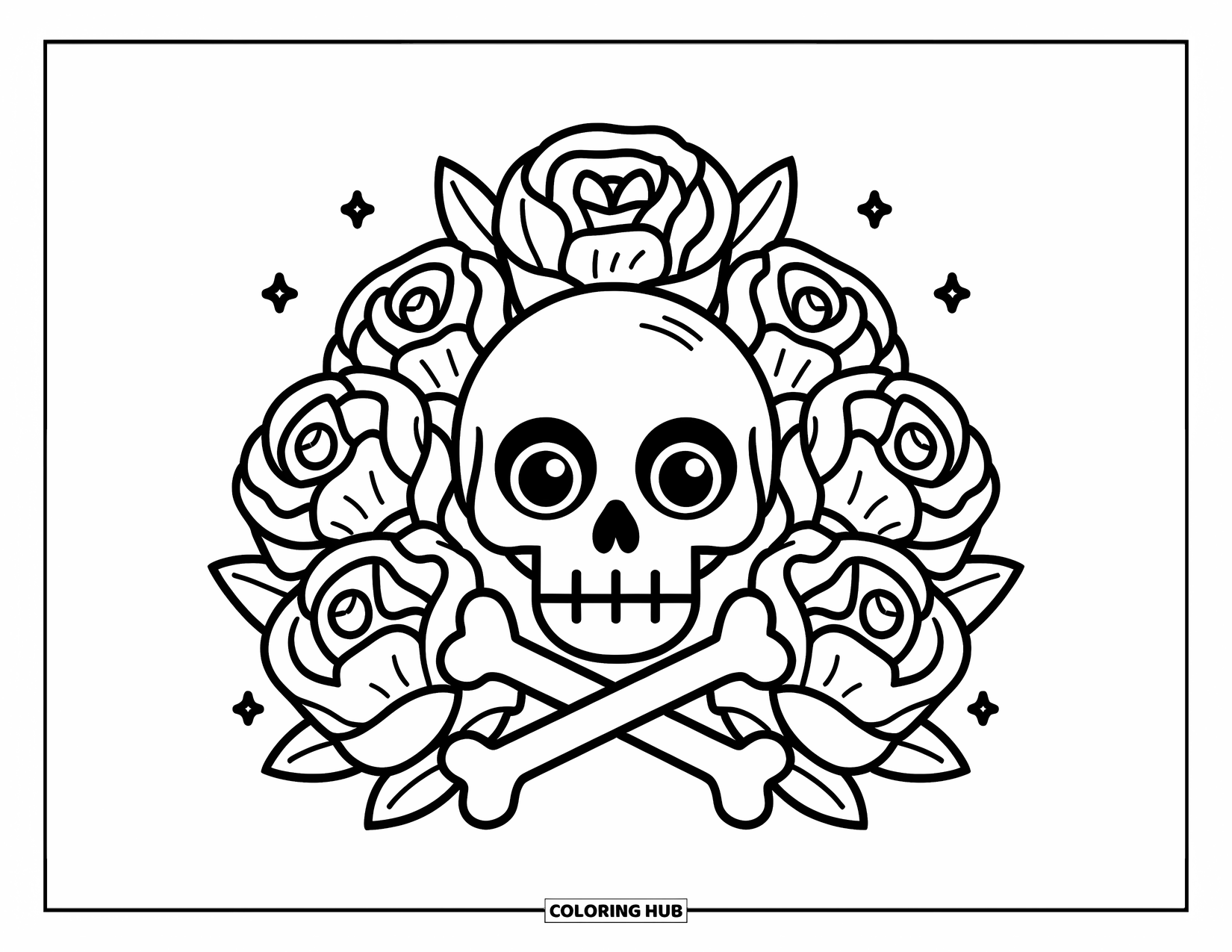 Rose Skull Coloring Page for Kids: A grinning skull and crossbones surrounded by big blooming roses