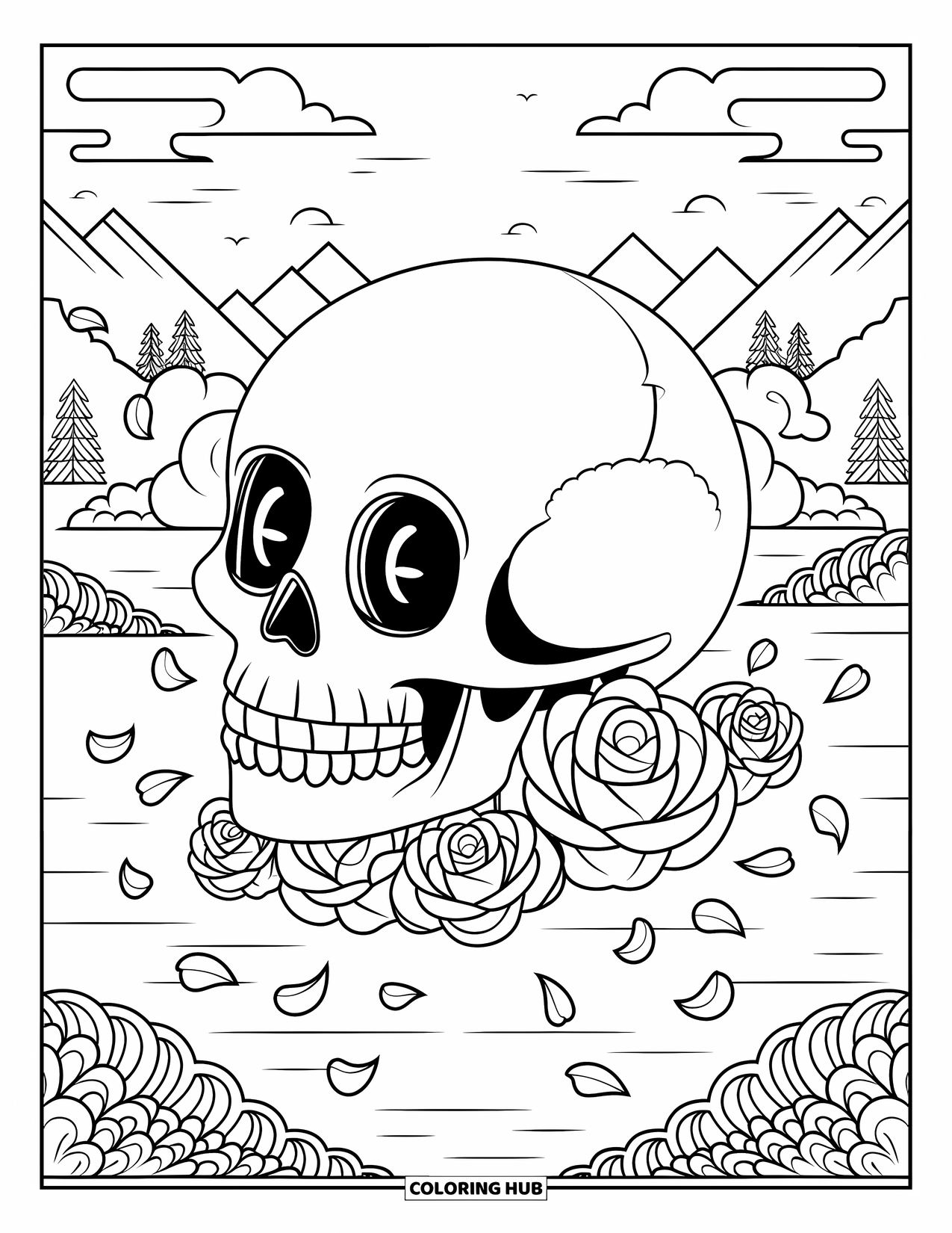 Rose Skull Coloring Page for Kids: A happy floating skull above a peaceful mountain lake