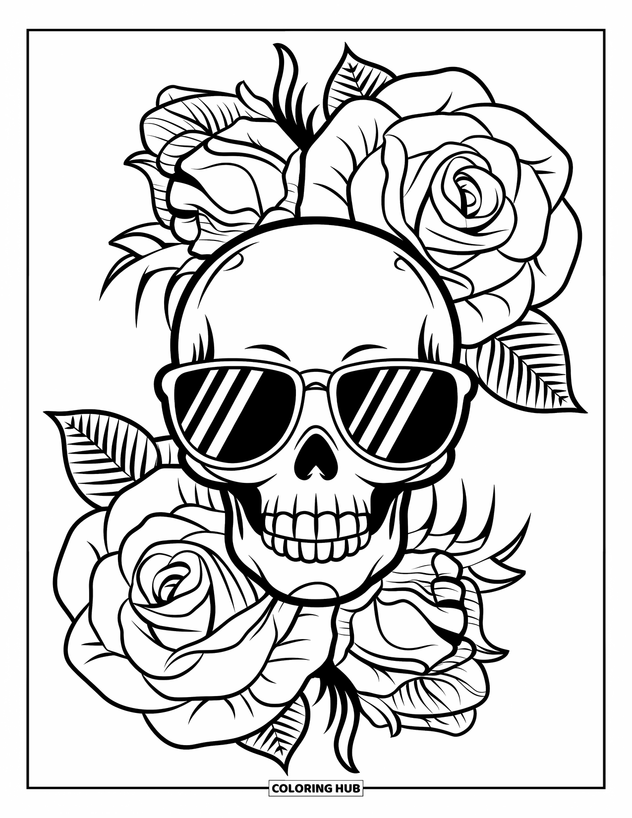 Rose Skull Coloring Page for Kids: A happy skull in sunglasses with frilly roses and a ribbon