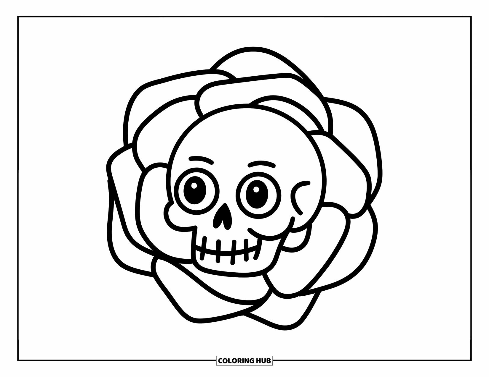 Rose Skull Coloring Page for Kids: A happy skull inside a bold rose frame with thick lines