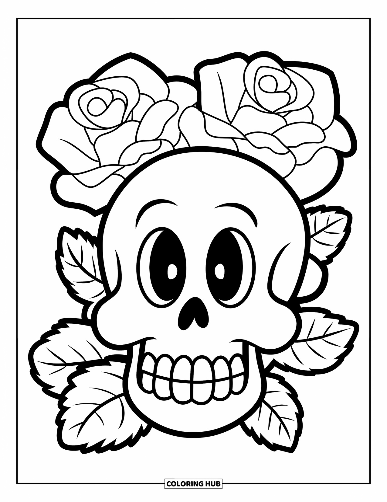 Rose Skull Coloring Page for Kids: A happy skull with big eyes and cartoon roses beside it