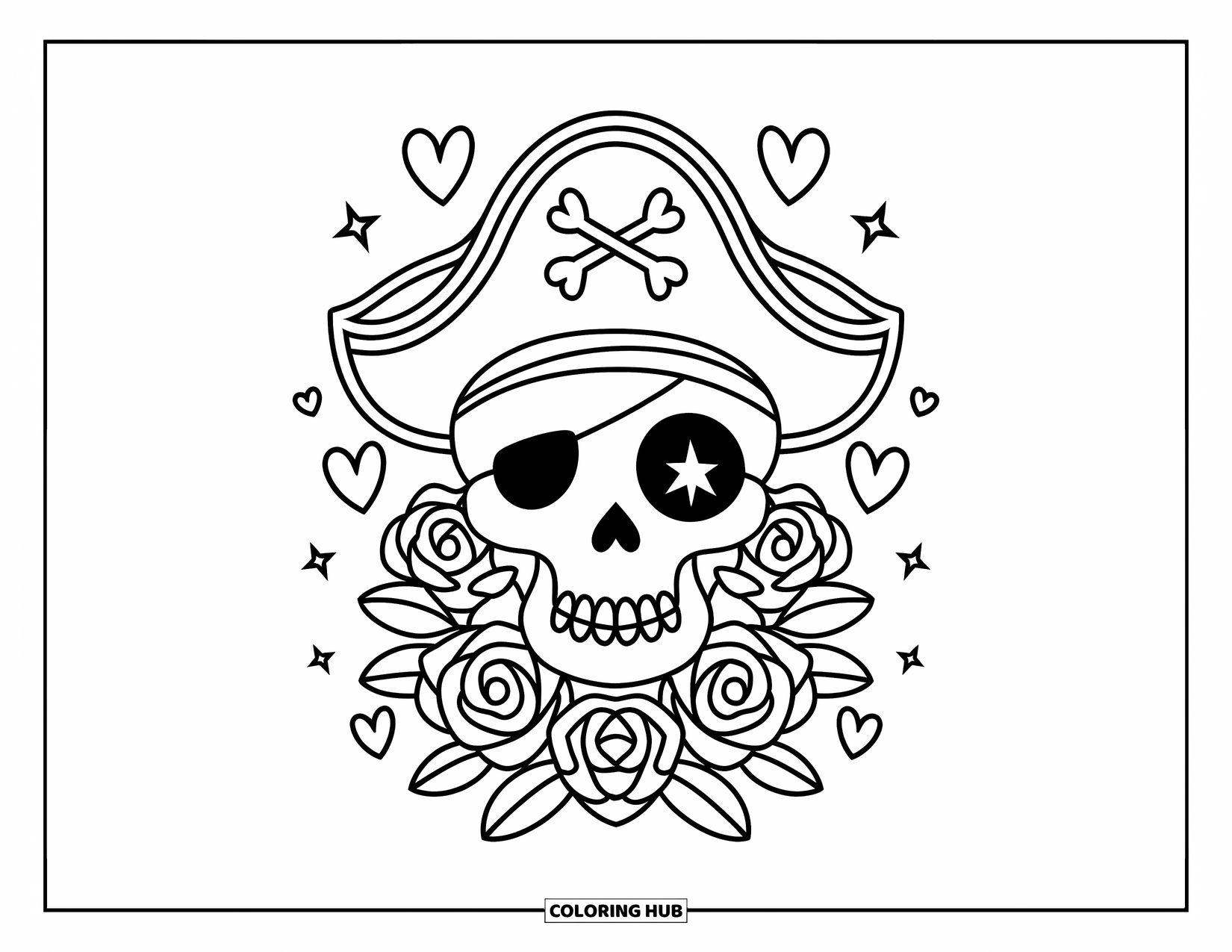 Rose Skull Coloring Page for Kids: A pirate skull with roses, hearts, and stars floating around