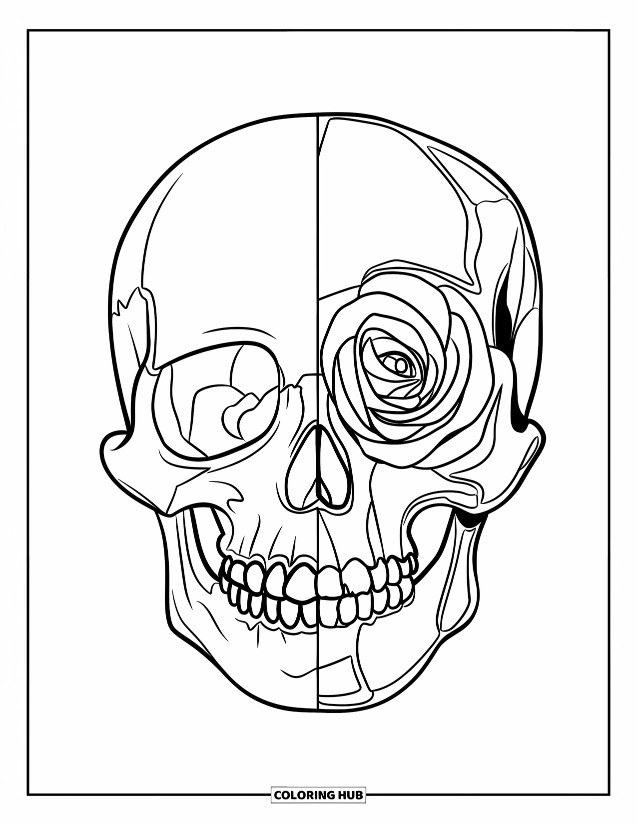 Rose Skull Coloring Page for Kids: A playful half-rose, half-skull design for grade schoolers