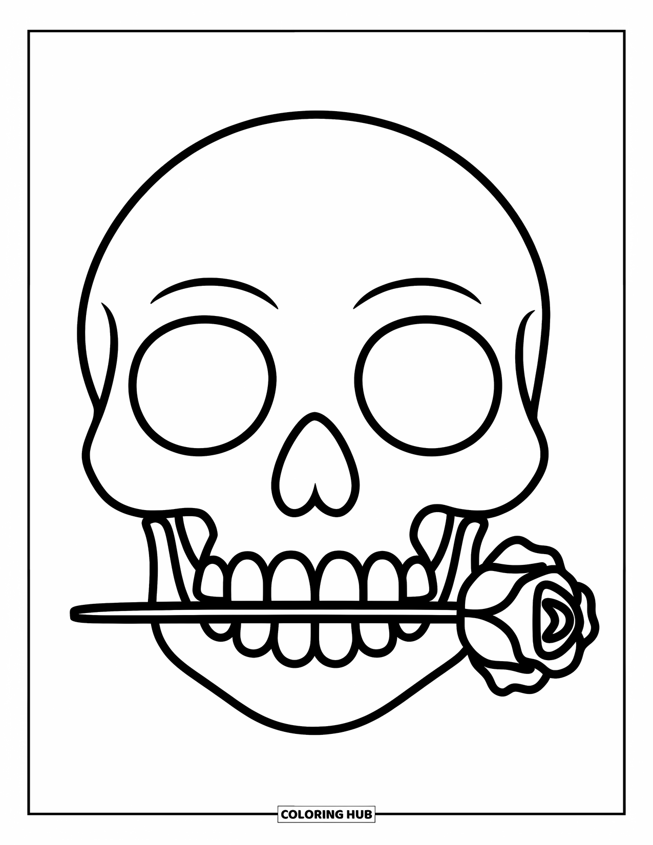 Rose Skull Coloring Page for Kids: A simple smiling skull holding a rose in its mouth