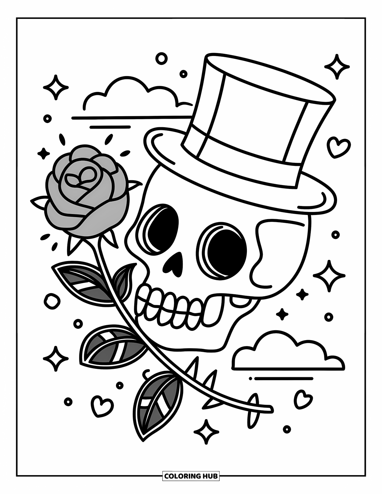 Rose Skull Coloring Page for Kids: A skull in a top hat holding a rose with cute doodles