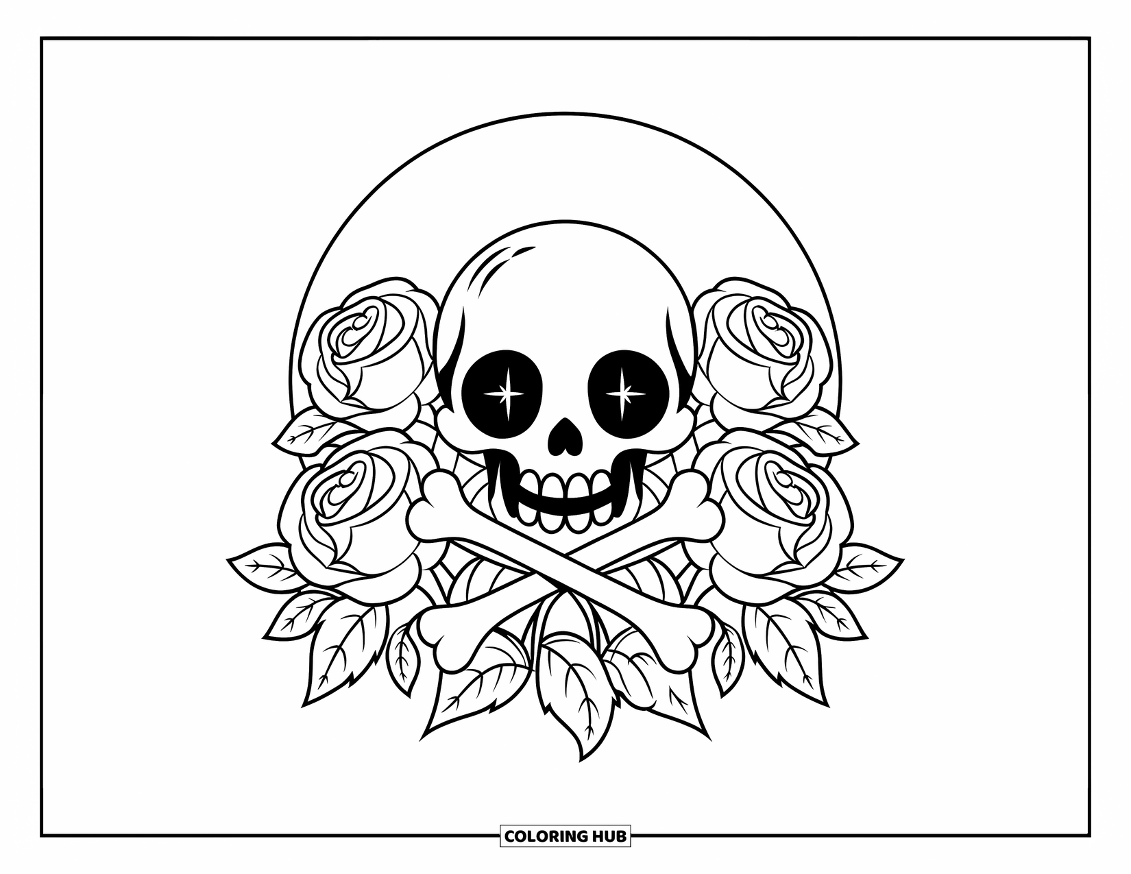 Rose Skull Coloring Page for Kids: A smiling skull and crossbones framed by fluffy roses