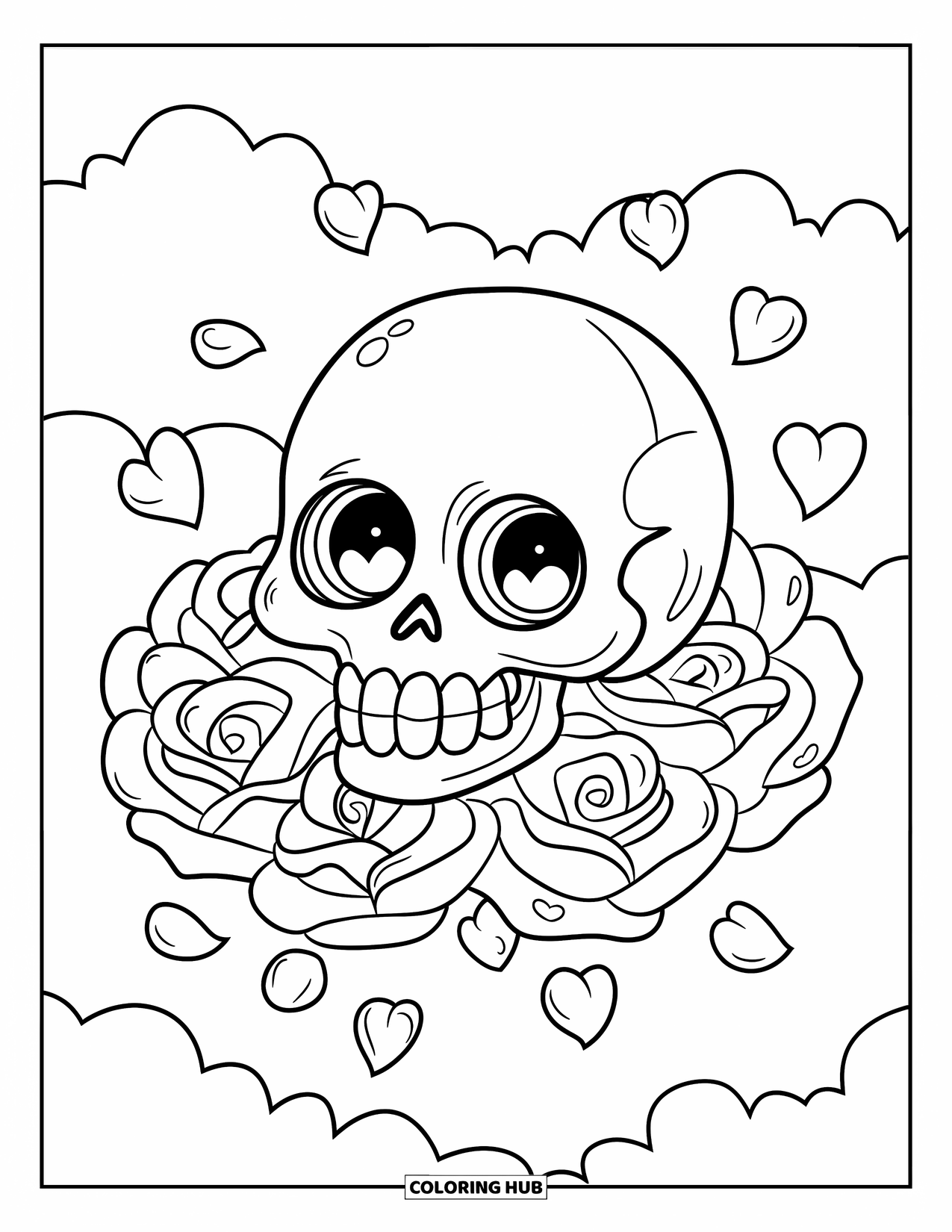 Rose Skull Coloring Page for Kids: A smiling skull floats among heart-shaped rose petals and clouds