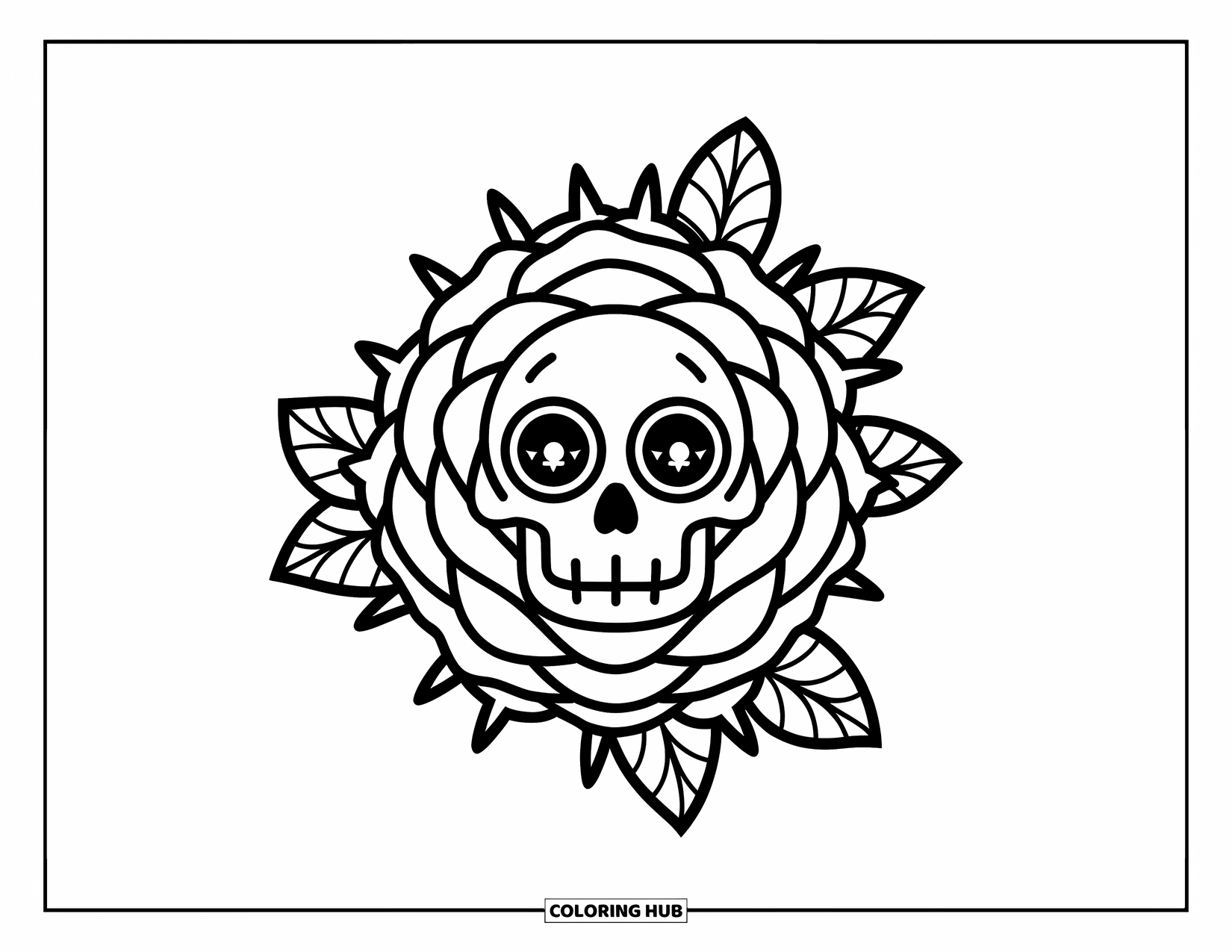 Rose Skull Coloring Page for Kids: A smiling skull in a thorny rose frame, perfect for kids