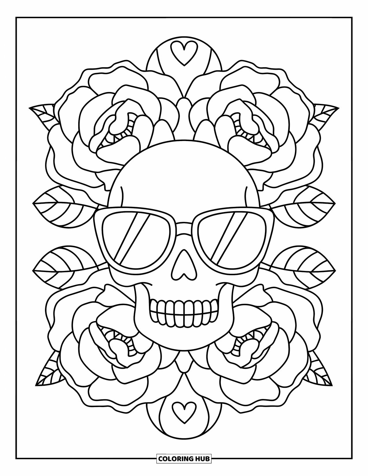 Rose Skull Coloring Page for Kids: A smiling skull in glasses with roses that have heart thorns
