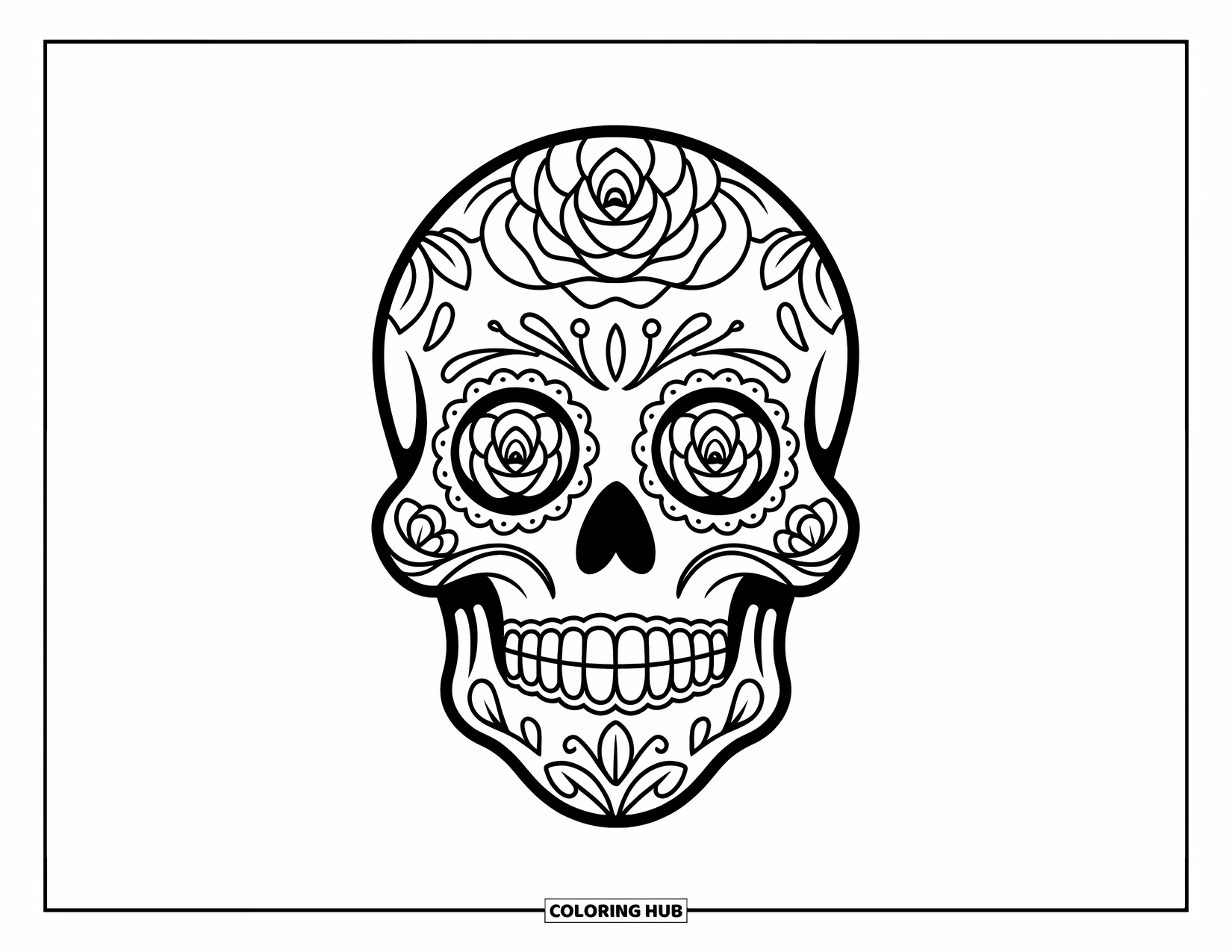 Rose Skull Coloring Page for Kids: A sugar skull with roses on its face and a big grin