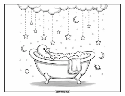 Coloriage de canard en caoutchouc pour adultes : Un canard joyeux se détend dans une baignoire nuageuse avec des étoiles, des lunes et des bulles flottantes