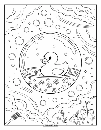 Coloriage de canard en caoutchouc pour adultes : Un canard dérive dans une grande bulle tandis que de petites baignoires et des pétales flottent alentour