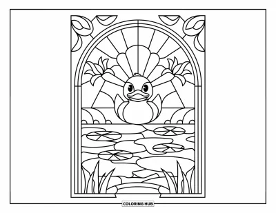 Coloriage de canard en caoutchouc pour adultes : Un canard flotte parmi des nénuphars dans un étang représenté en vitrail