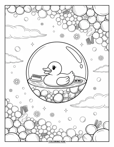 Coloriage de canard en caoutchouc pour adultes : Un canard flotte dans une bulle entourée d'autres bulles renfermant de petites scènes de bain