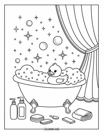 Coloriage de canard en caoutchouc pour adultes : Un canard flotte dans un bain moussant avec du shampoing, une éponge et des bulles scintillantes au-dessus