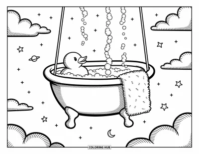 Coloriage de canard en caoutchouc pour adultes : Un canard flotte dans une baignoire céleste onirique avec des étoiles, des nuages et de douces bulles