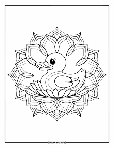Coloriage de canard en caoutchouc pour adultes : Un canard flotte dans un mandala de lotus, conçu pour un coloriage paisible et relaxant