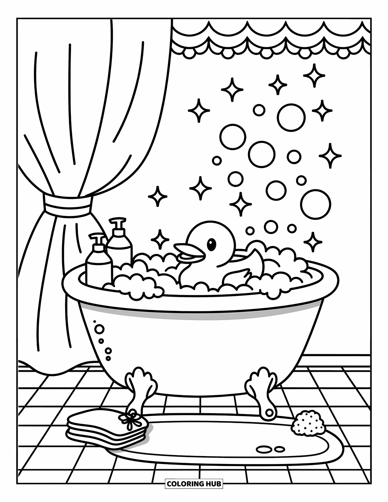 Rubber Duck Coloring Page for Adults: A duck floats in bubbles with tiny stars, bath toys, and a scalloped curtain