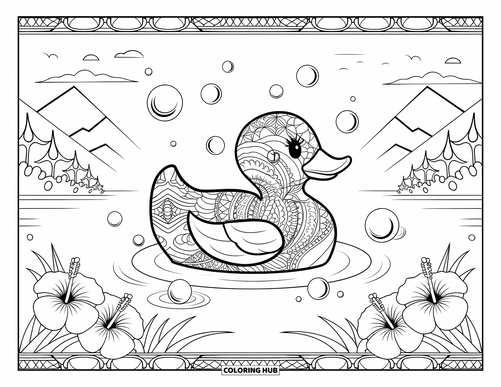 Rubber Duck Coloring Page for Adults: A duck floats in calm water surrounded by waves, bubbles, hibiscus, and mountains