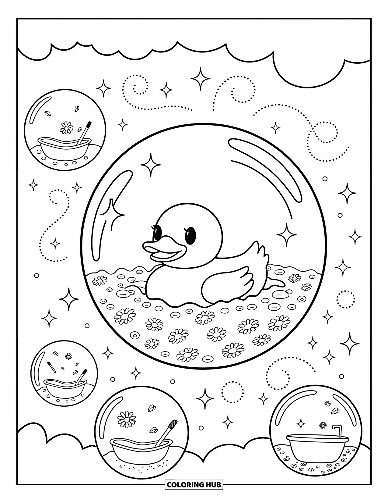 Rubber Duck Coloring Page for Adults: A duck floats inside a giant bubble filled with cozy scenes and swirling trails