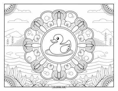 Coloriage de canard en caoutchouc pour adultes : Un canard flotte dans un mandala de vagues, de bulles et d'hibiscus avec des montagnes en toile de fond