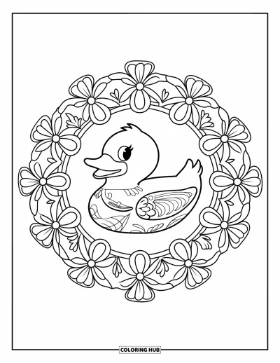 Coloriage de canard en caoutchouc pour adultes : Un canard dans un mandala circulaire avec de grandes pétales de fleurs, des feuilles et des lianes