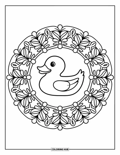 Coloriage de canard en caoutchouc pour adultes : Un canard dans un mandala circulaire avec des fleurs, des feuilles et des lianes en spirale